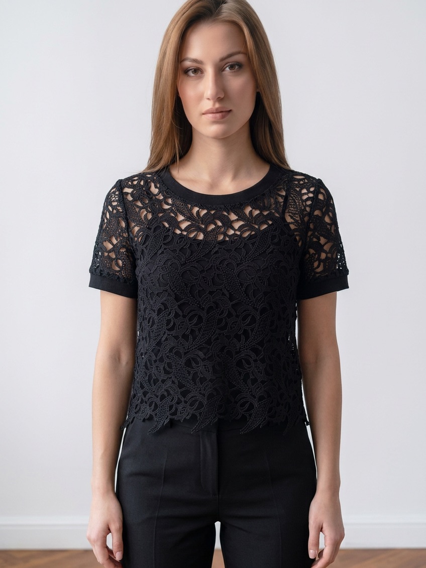 Blvd Black Lace Short-Sleeve Crochet Top